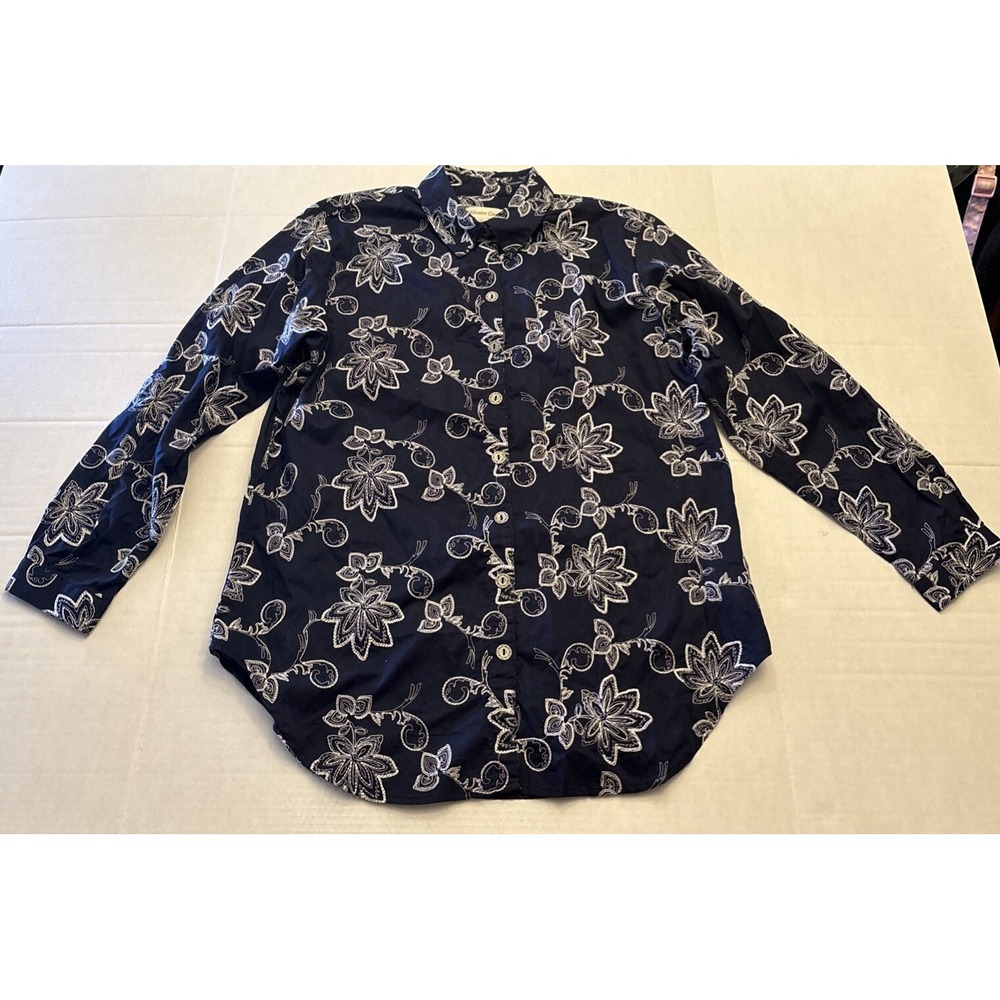 Vintage Coldwater Creek Women's Navy Blue Button Up Shirt Embroidery Floral Sz M